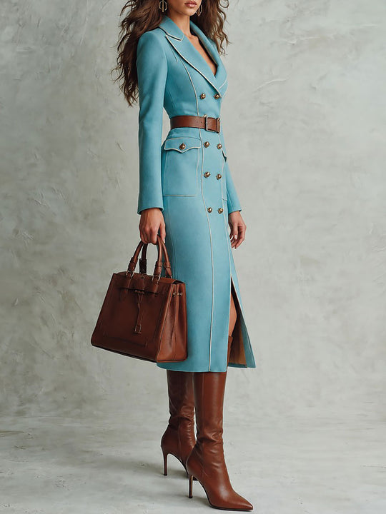 Elegant Military Style Double-Breasted Midi Wool Military Coat