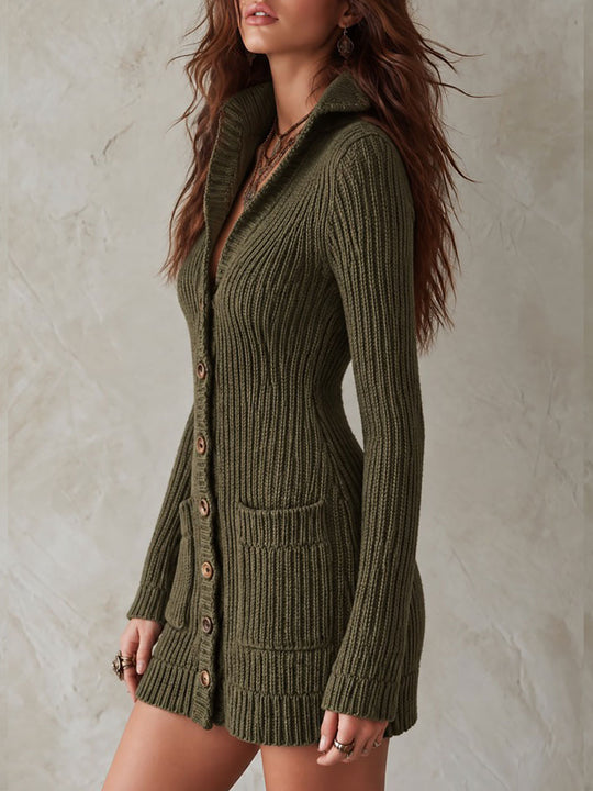Boho Ribbed Knit Button-Front Sweater Mini Dress with Pockets