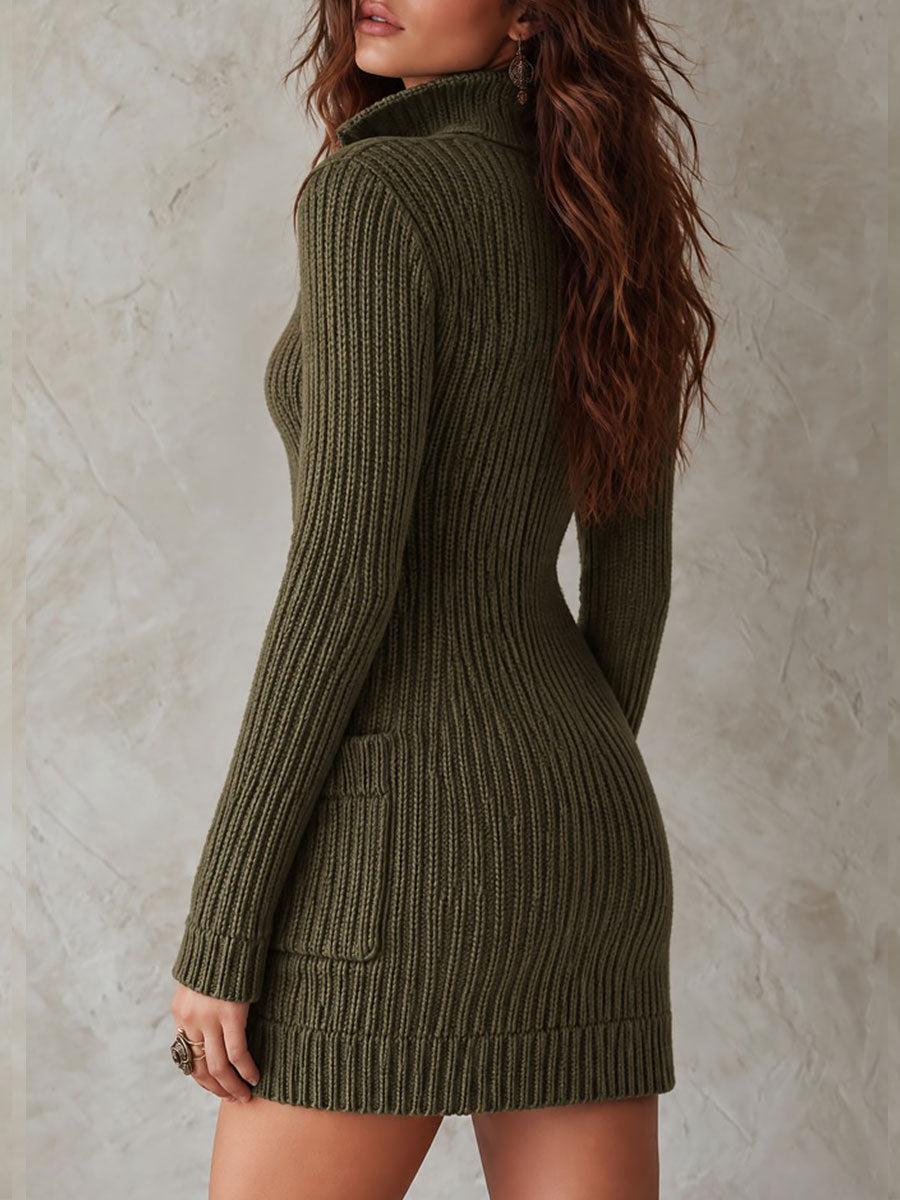 Boho Ribbed Knit Button-Front Sweater Mini Dress with Pockets
