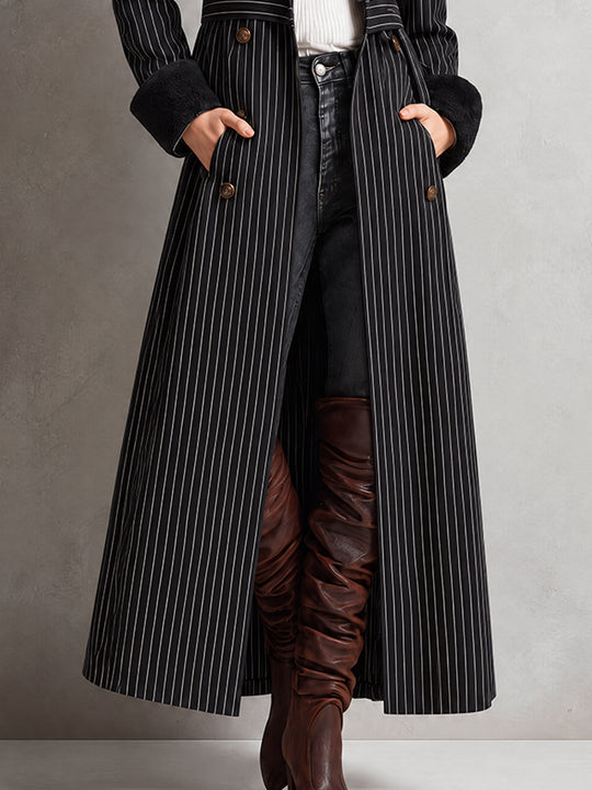 Vintage Bohemian Ruffle-Trim Pinstripe Duster Coat