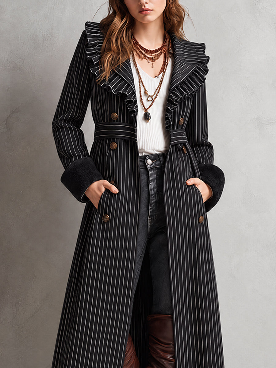 Vintage Bohemian Ruffle-Trim Pinstripe Duster Coat