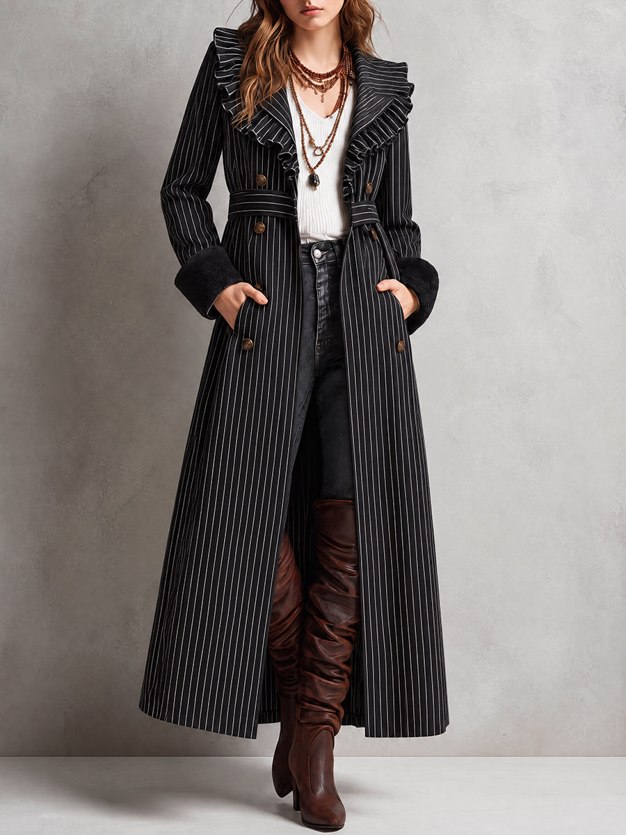 Vintage Bohemian Ruffle-Trim Pinstripe Duster Coat