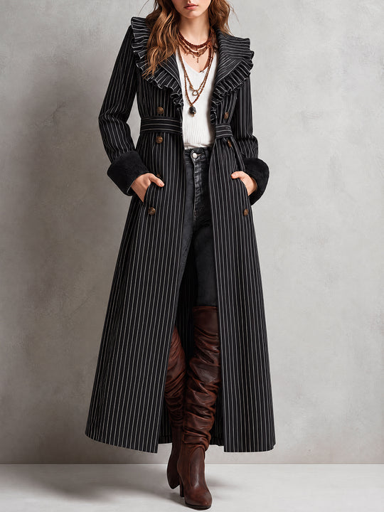 Vintage Bohemian Ruffle-Trim Pinstripe Duster Coat