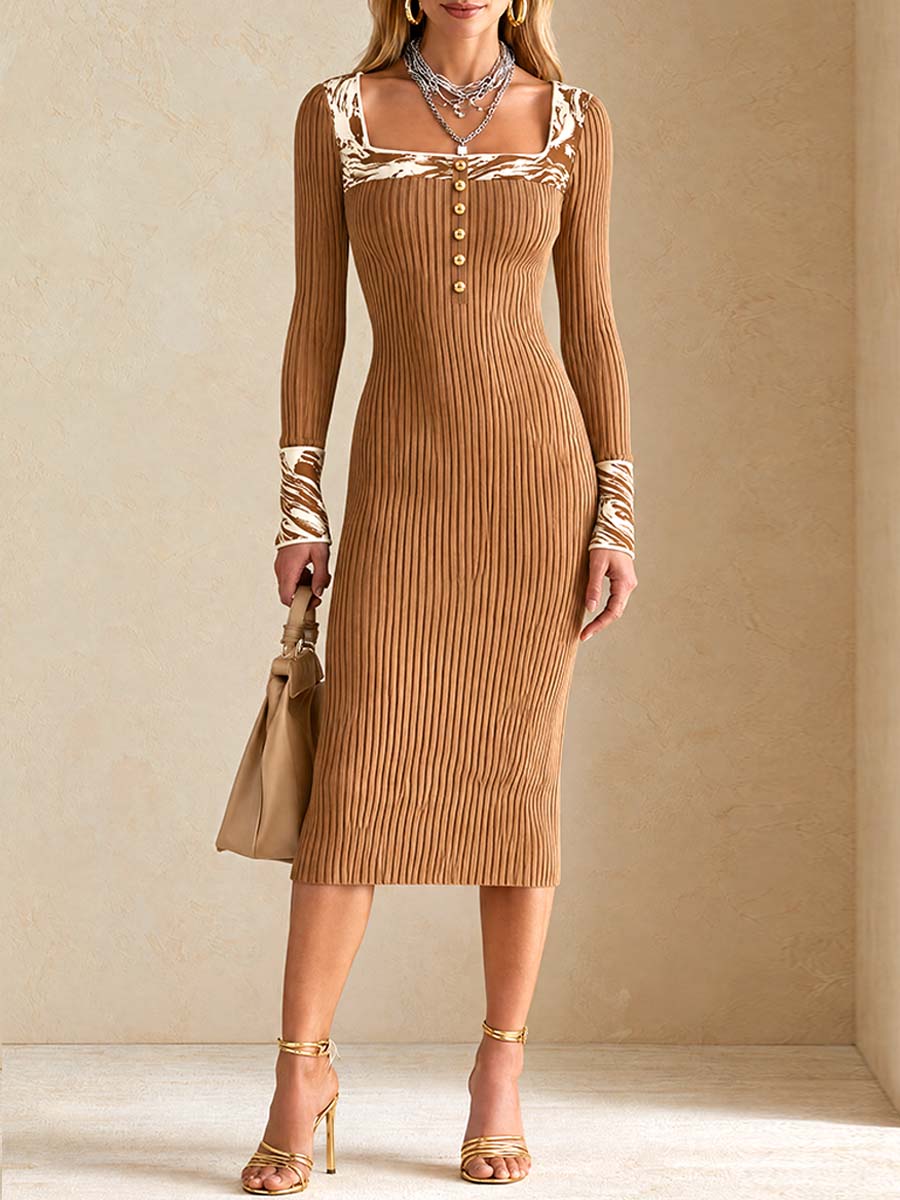 Camel Nomad Zebra-Trim Ribbed Midi Dress