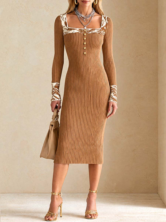 Camel Nomad Zebra-Trim Ribbed Midi Dress