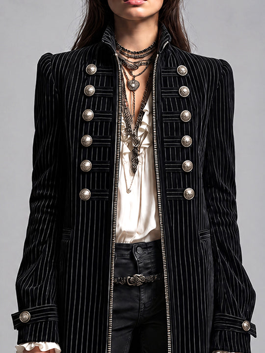 Noir Nomad Pinstripe Military Coat