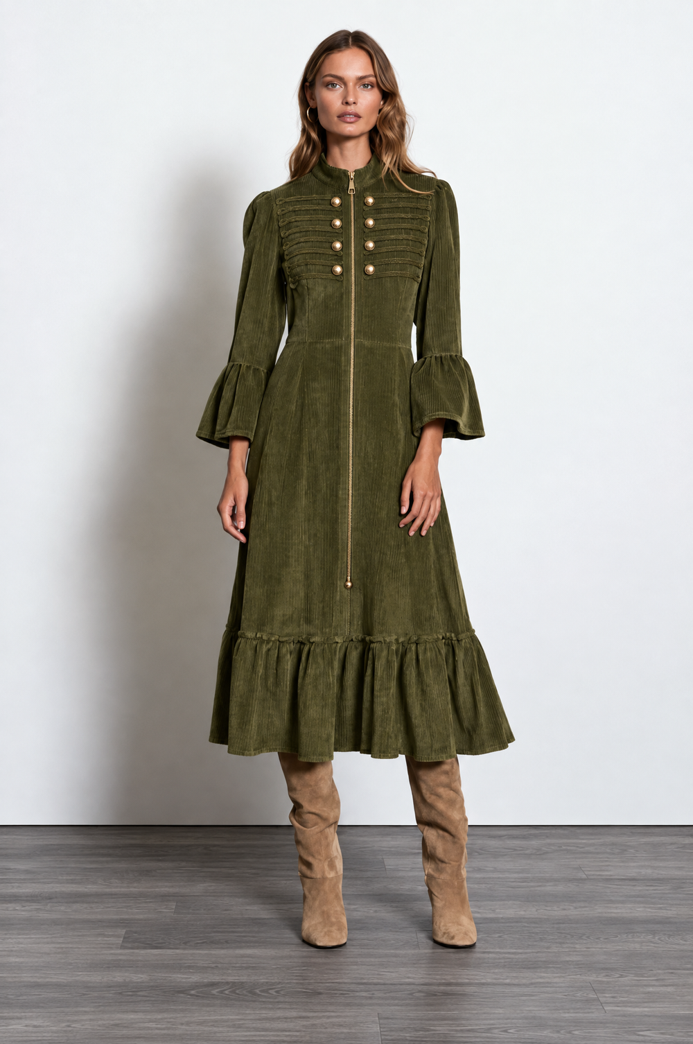 Vintage Stand Collar Double-breasted Corduroy Dress With Zipper