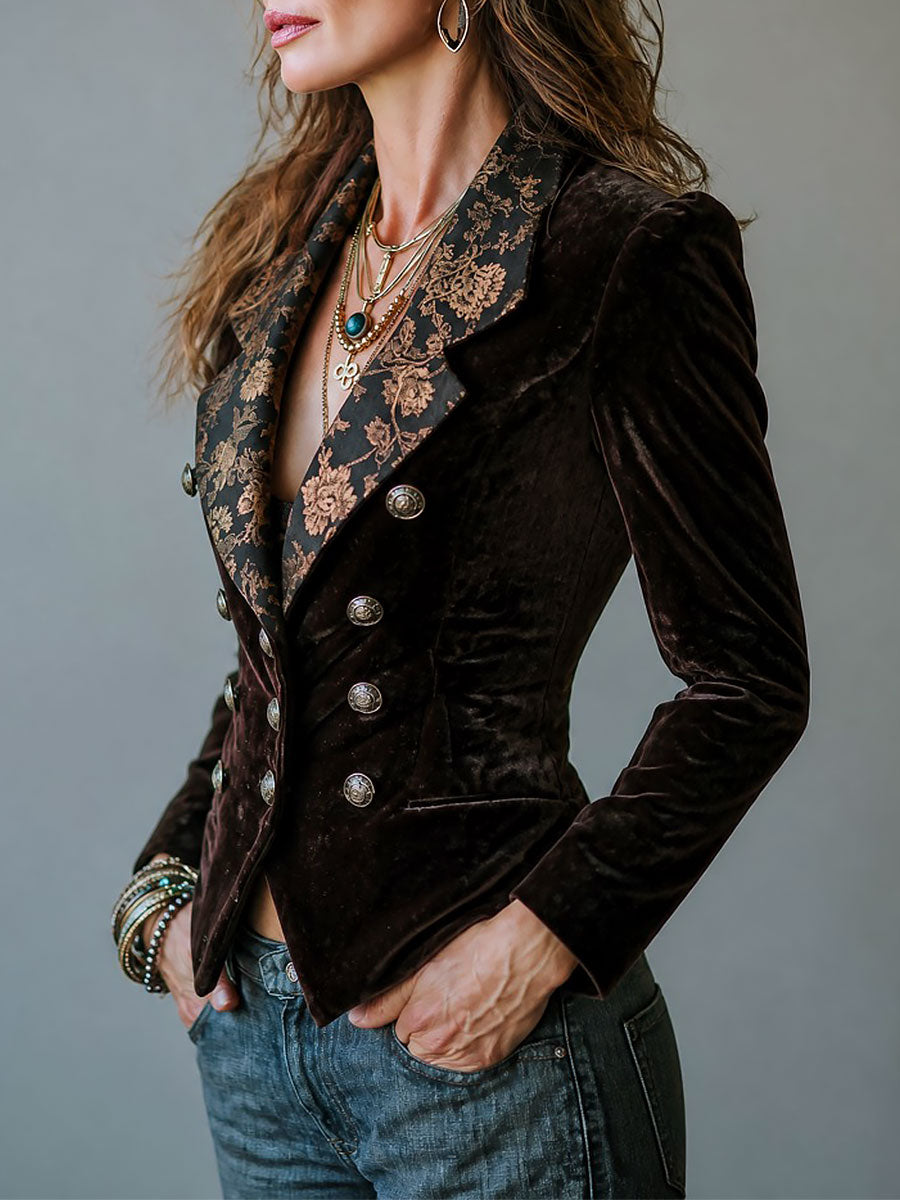 Vintage Velvet Double-Breasted Blazer With Floral Print Lapel