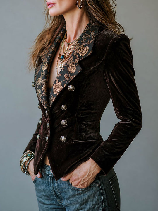 Vintage Velvet Double-Breasted Blazer With Floral Print Lapel