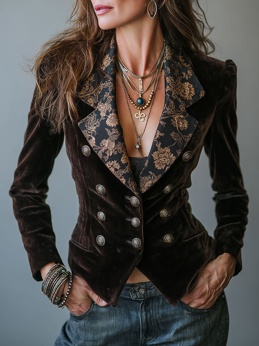 Vintage Velvet Double-Breasted Blazer With Floral Print Lapel