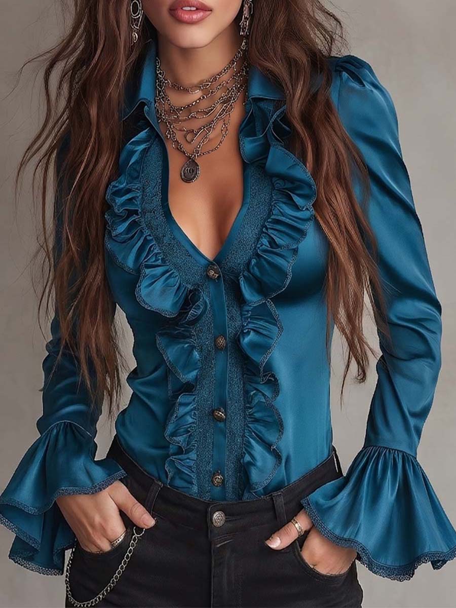 Vintage Teal-blue Satin Ruffle Trim Blouse With Flare Cuff Long Sleeve