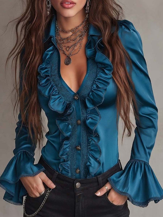 Vintage Teal-blue Satin Ruffle Trim Blouse With Flare Cuff Long Sleeve