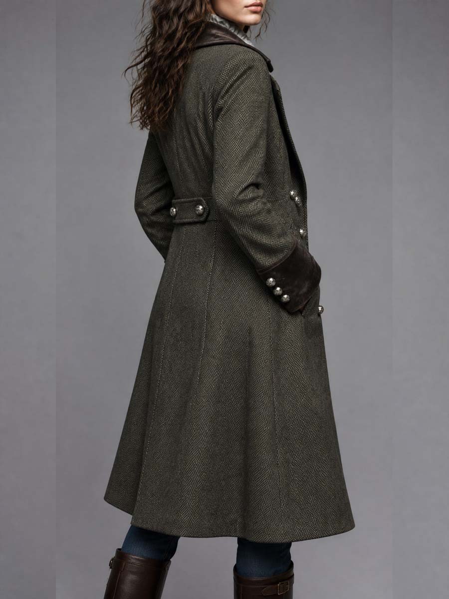 Women's Herringbone Wool Military Coat With Velvet Collar And Cuffs