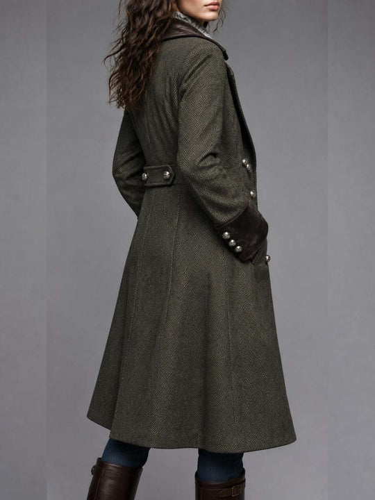 Women's Herringbone Wool Military Coat With Velvet Collar And Cuffs