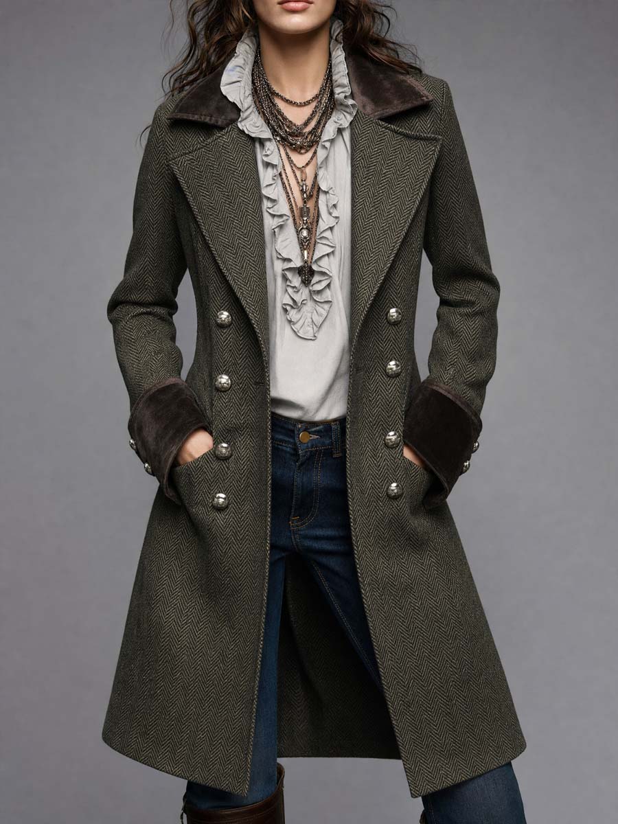 Women's Herringbone Wool Military Coat With Velvet Collar And Cuffs