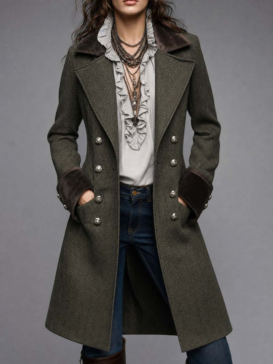 Women's Herringbone Wool Military Coat With Velvet Collar And Cuffs