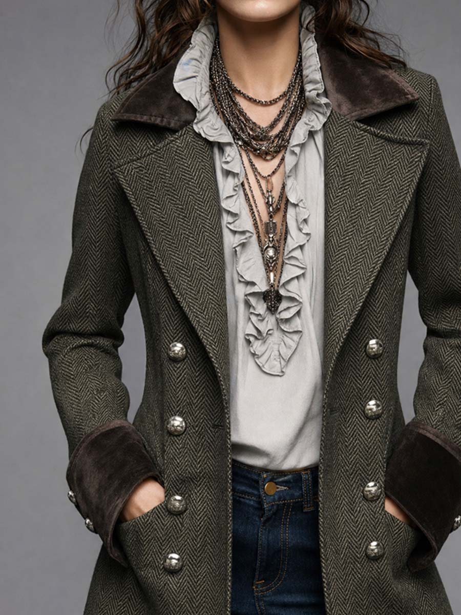 Women's Herringbone Wool Military Coat With Velvet Collar And Cuffs