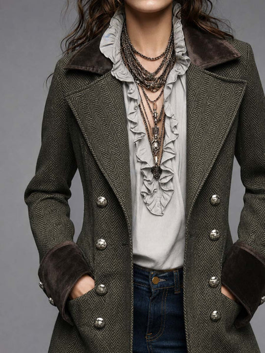 Women's Herringbone Wool Military Coat With Velvet Collar And Cuffs