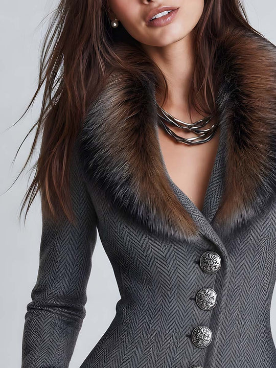 Women's Faux Fur Trim Herringbone Tweed Fitted Blazer Jacket