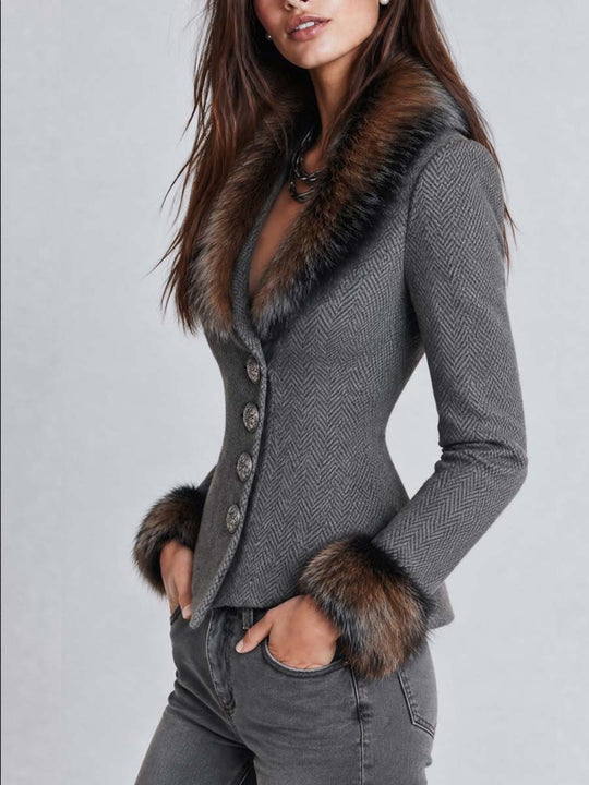 Women's Faux Fur Trim Herringbone Tweed Fitted Blazer Jacket