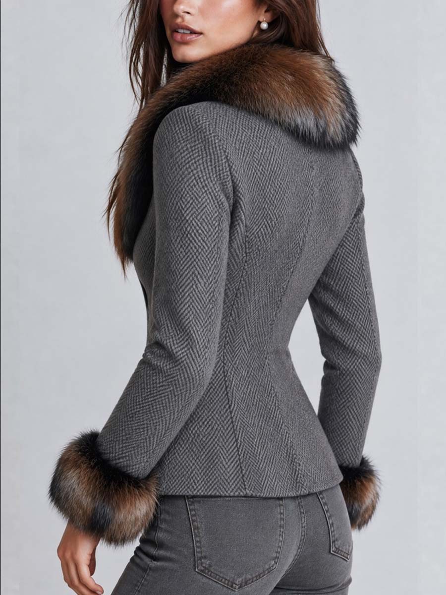 Women's Faux Fur Trim Herringbone Tweed Fitted Blazer Jacket