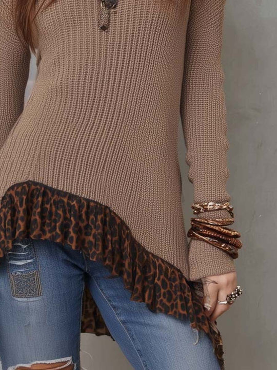 Retro-style Knitted Sweater With Leopard-print Ruffle Asymmetrical Hem