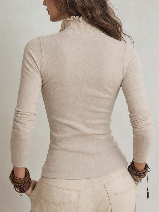 Vintage-style Stand-collar Ruffled Sweater