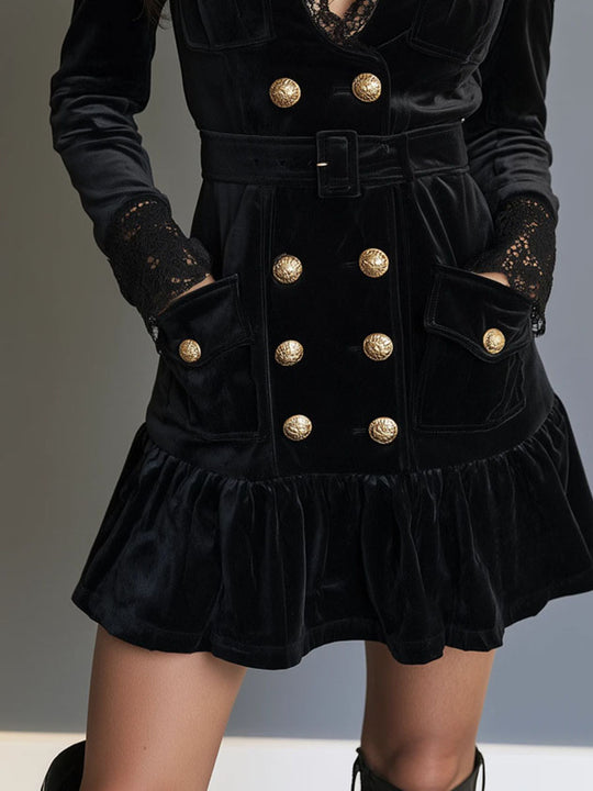 Retro Black Velvet Double Breasted Mini Dress With Lace Trim& Belted