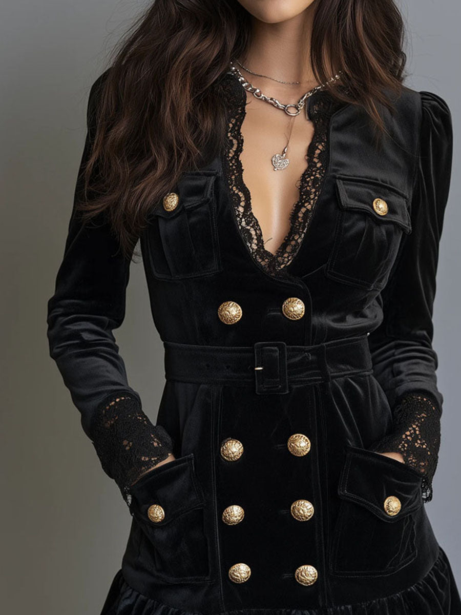 Retro Black Velvet Double Breasted Mini Dress With Lace Trim& Belted