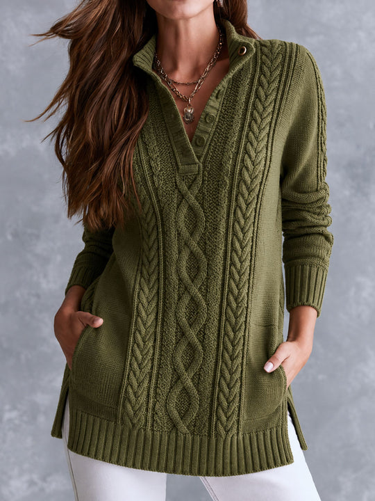 Vintage Stand Collar American Cable Knit Henley Sweater With Pockets