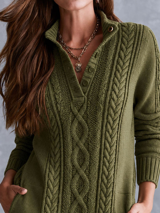 Vintage Stand Collar American Cable Knit Henley Sweater With Pockets