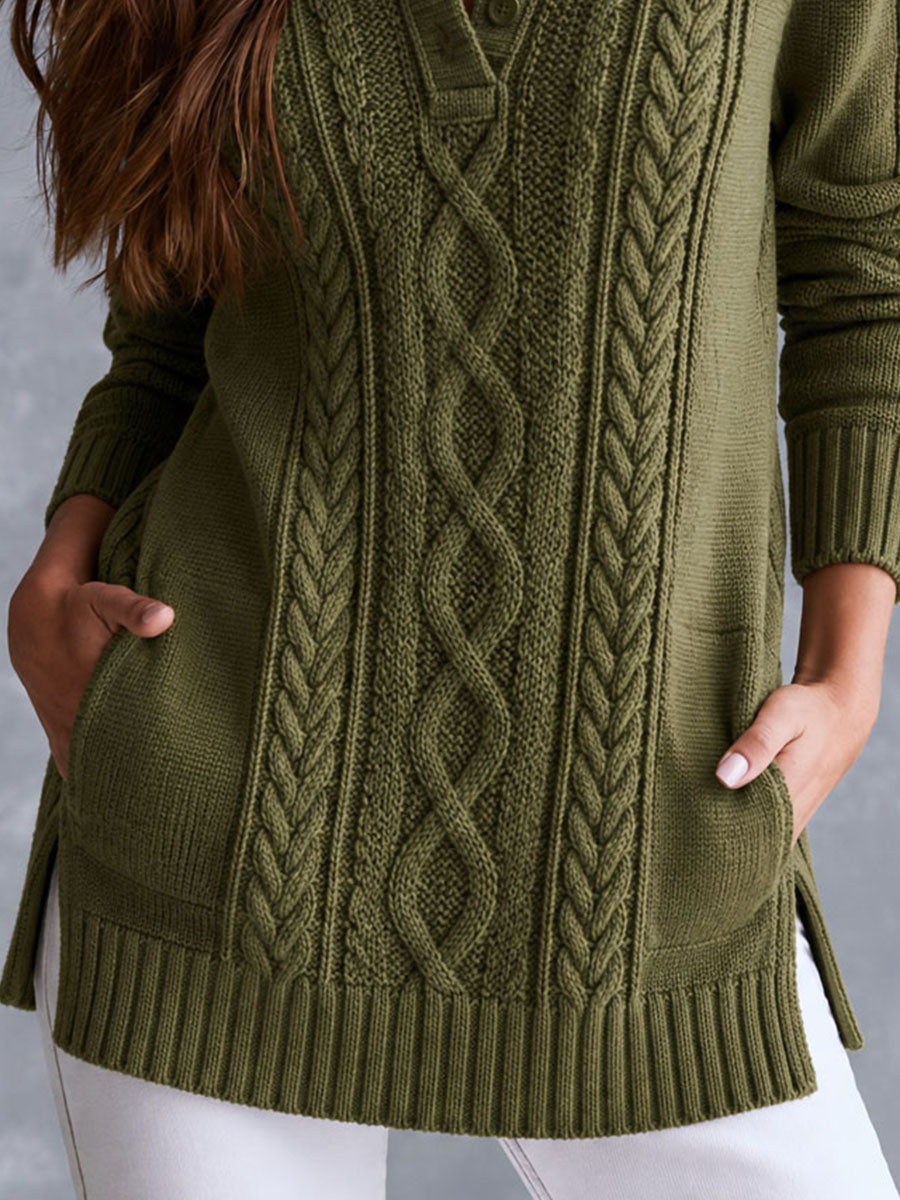 Vintage Stand Collar American Cable Knit Henley Sweater With Pockets
