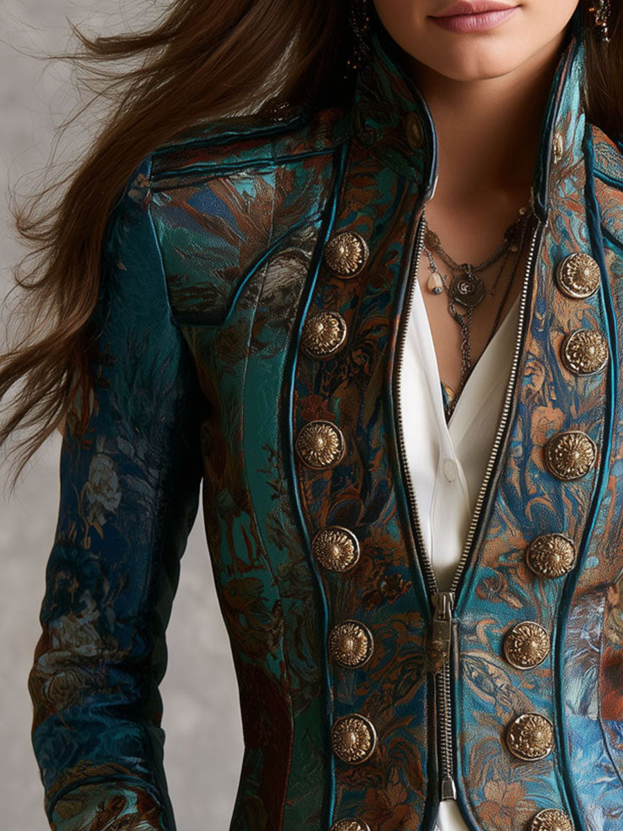 Victorian Baroque Pattern Buttons Epaulet Fitted Short Cropped Jacket