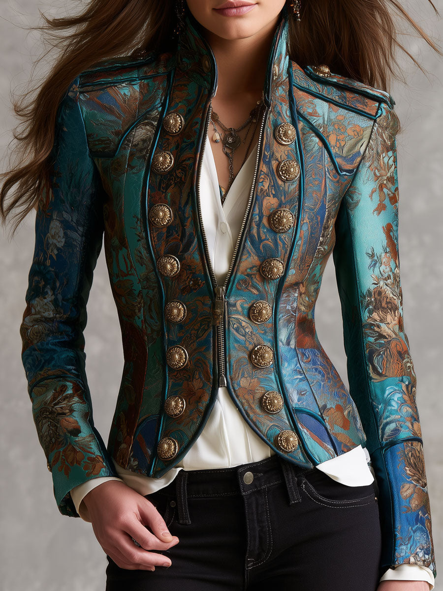 Victorian Baroque Pattern Buttons Epaulet Fitted Short Cropped Jacket