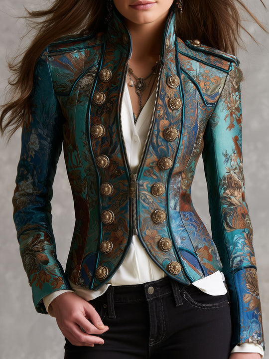 Victorian Baroque Pattern Buttons Epaulet Fitted Short Cropped Jacket
