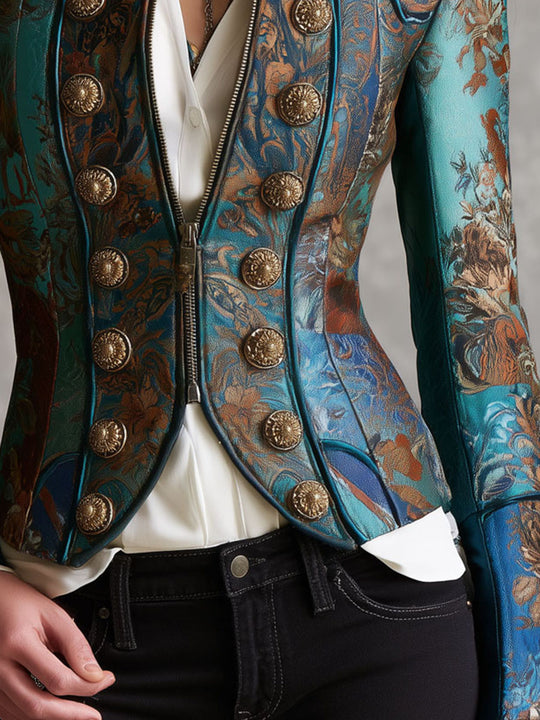 Victorian Baroque Pattern Buttons Epaulet Fitted Short Cropped Jacket