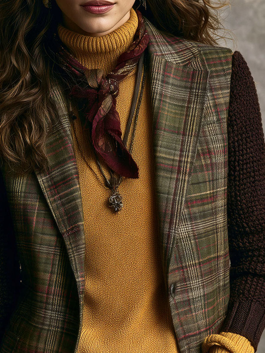 Retro English Country Tartan Tweed Blazer With Knit Sleeve
