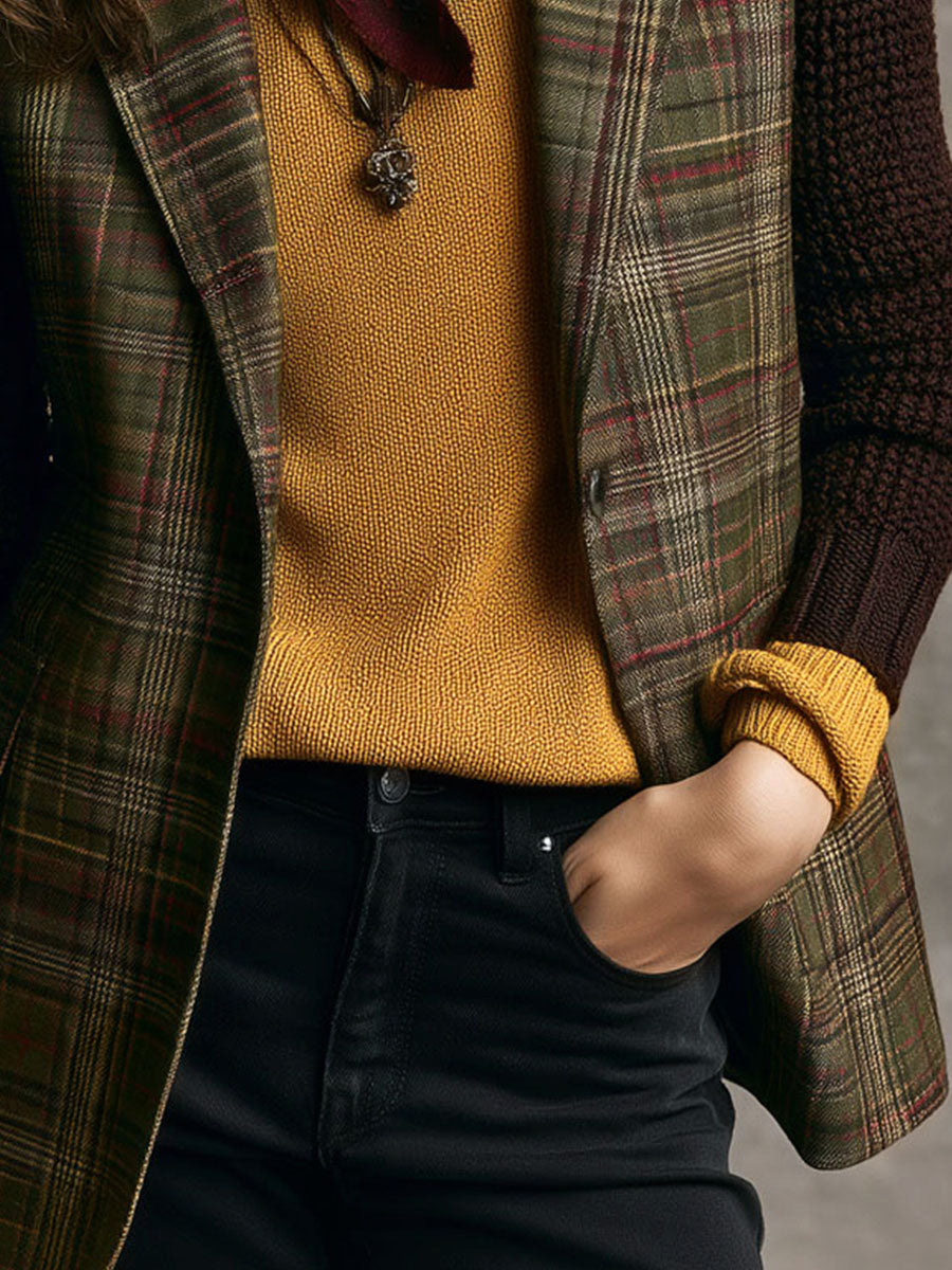Retro English Country Tartan Tweed Blazer With Knit Sleeve