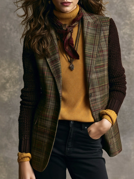 Retro English Country Tartan Tweed Blazer With Knit Sleeve