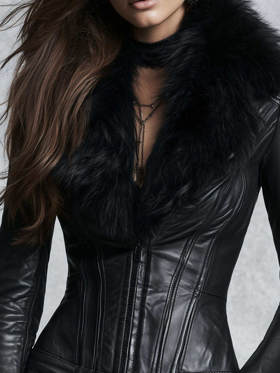 Vintage Black PU Leather Biker Fitted Jacket With Fur Collar