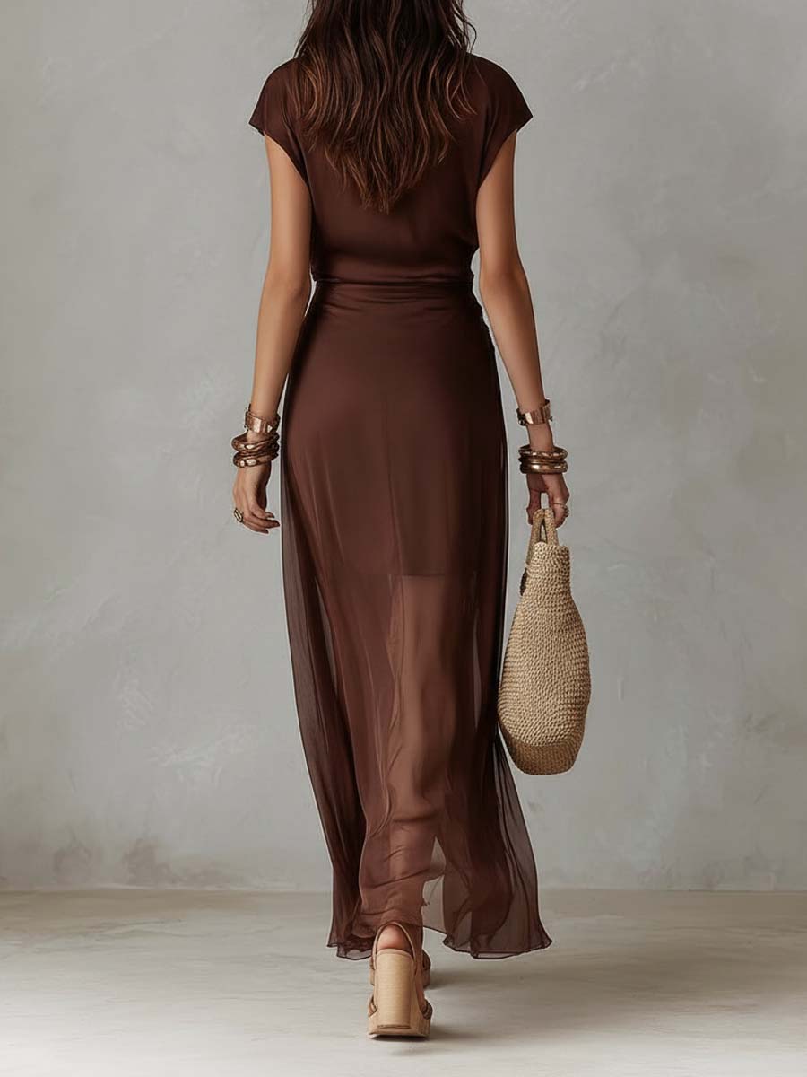Vintage Coffee Satin And Tencel Layered Ruched Wrap Split Midi Dress