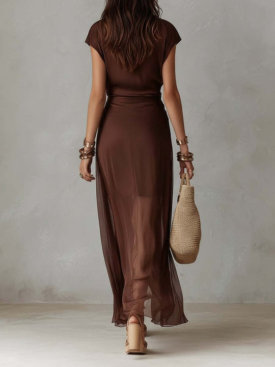 Vintage Coffee Satin And Tencel Layered Ruched Wrap Split Midi Dress