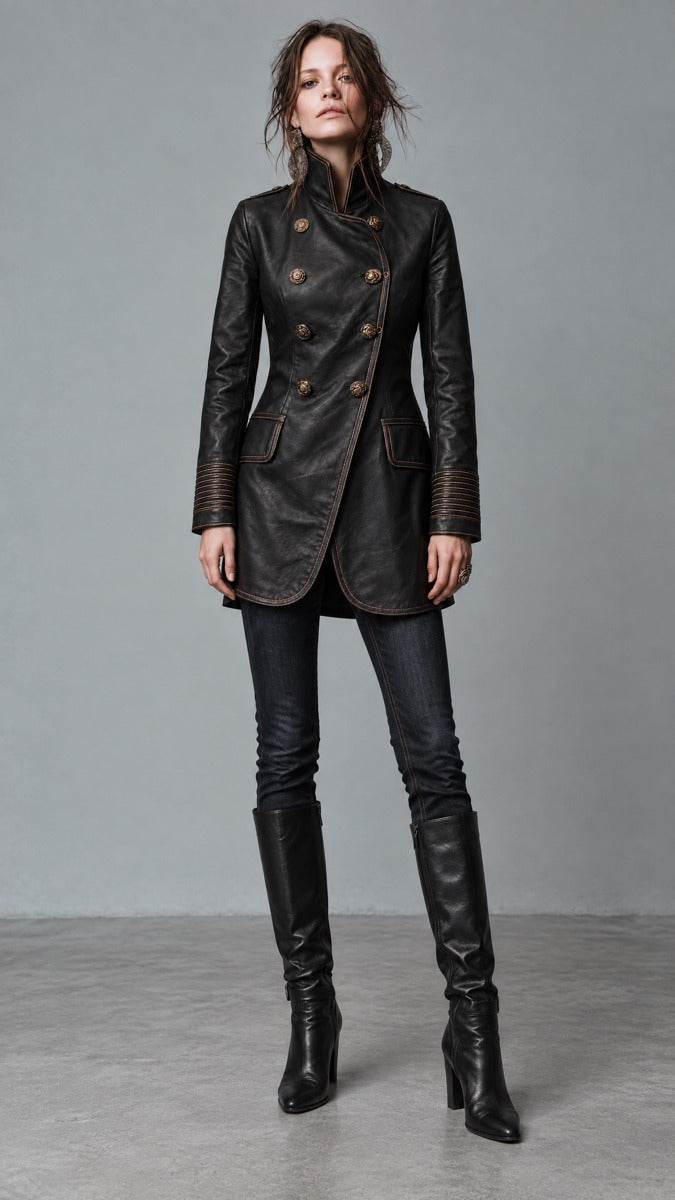 Women's Military Style Double-Breasted Leather Coat with Contrast Stitching