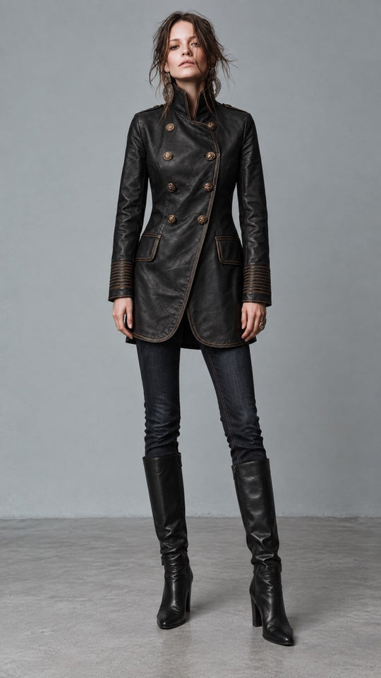 Women's Military Style Double-Breasted Leather Coat with Contrast Stitching