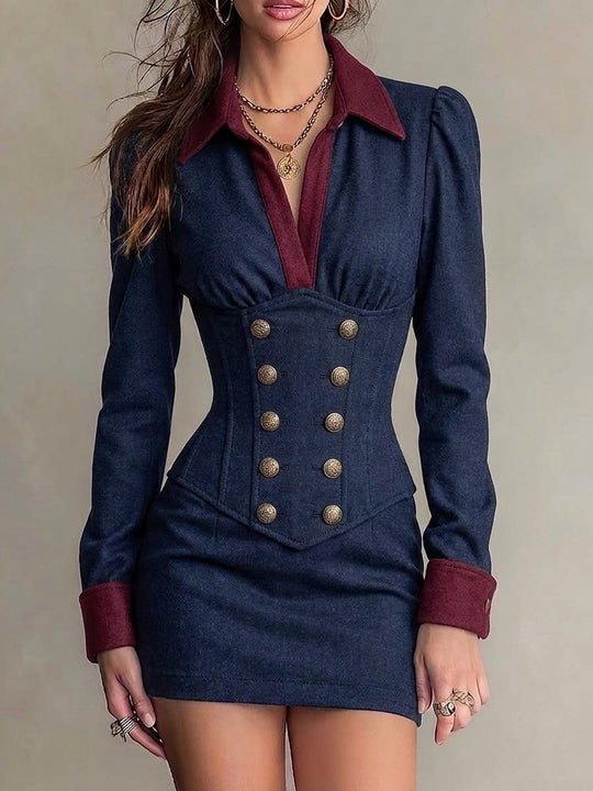 Contrast Collar Double-Breasted Military Bodycon Mini Dress