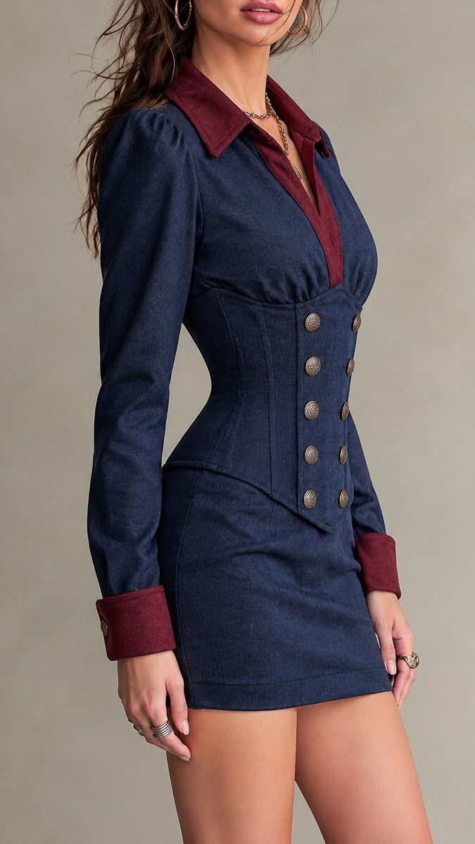 Contrast Collar Double-Breasted Military Bodycon Mini Dress