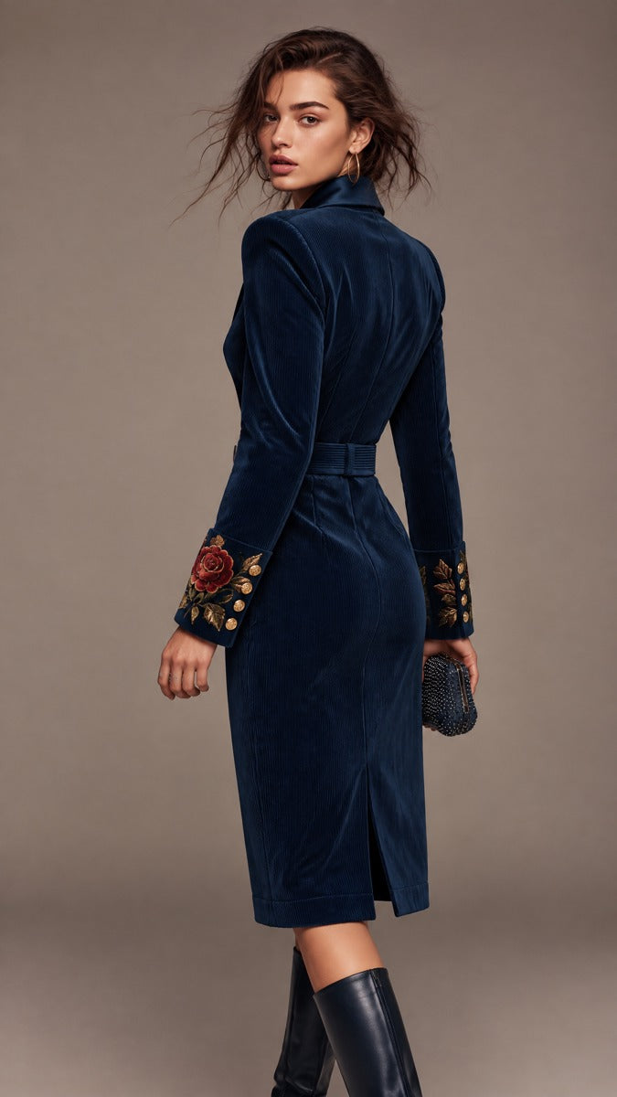 Corduroy Double-Breasted Blazer Dress with Embroidered Cuffs and Belt
