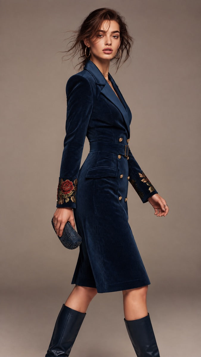 Corduroy Double-Breasted Blazer Dress with Embroidered Cuffs and Belt