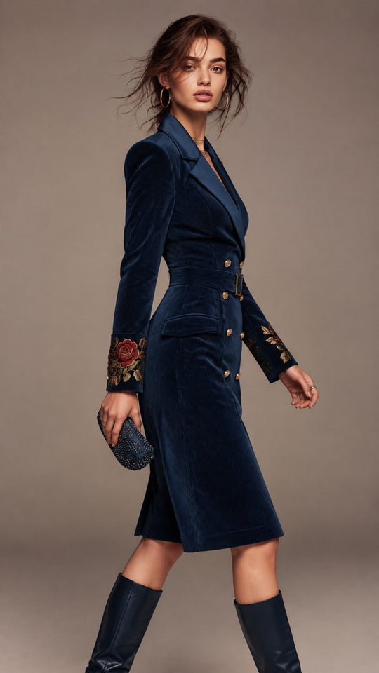 Corduroy Double-Breasted Blazer Dress with Embroidered Cuffs and Belt