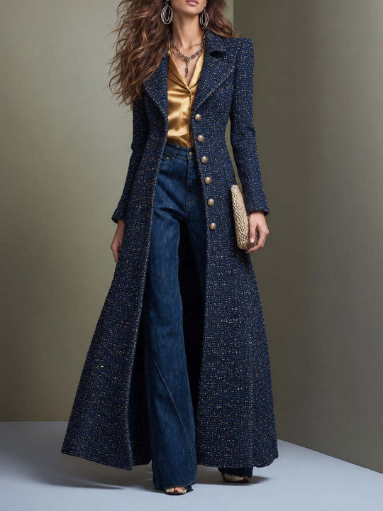 Women's Elegant Long Tweed Coat - Maxi Length Tailored Wool Blend Overcoat